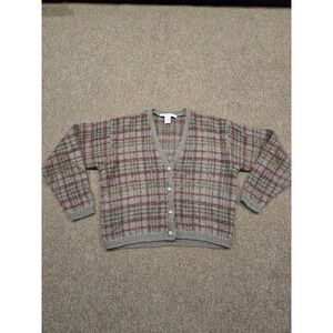 Lise J Vintage Mohair Blend Plaid Cardigan Sweater Grey Pink Green Womens Small